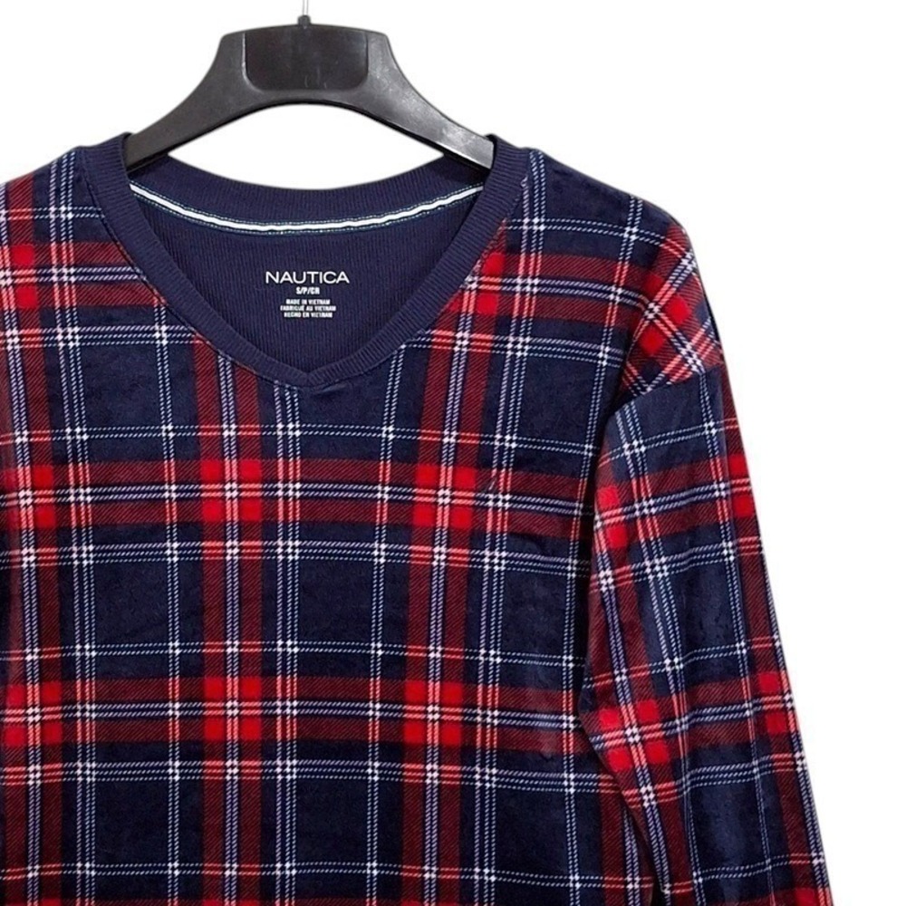 Nautica Pajama Lounge Top Small Red Plaid Long‎ Sleeve V-Neck Fleece Cozy Casual